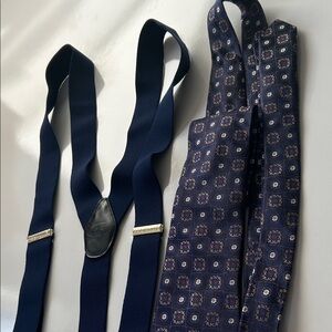 Navy Blue Suspenders and Patterned Tie Set